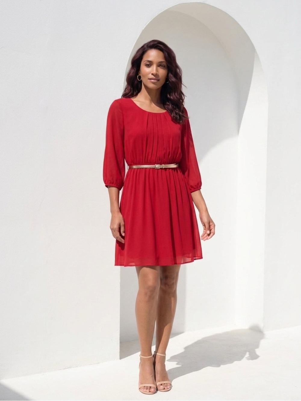 O59 by & by Vibrant Red Long Sleeve Dress with Gold Accent